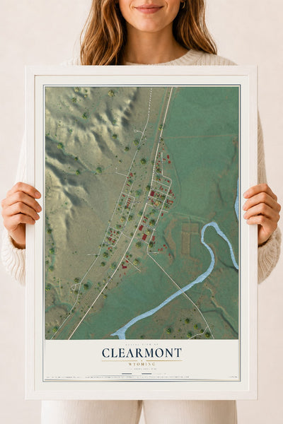 Map of Clearmont, Wyoming, 18 x 24 inch print in a white wood frame