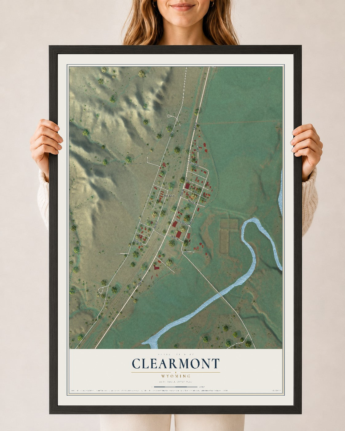 Map of Clearmont, Wyoming, 24 x 36 inch print in a black wood frame