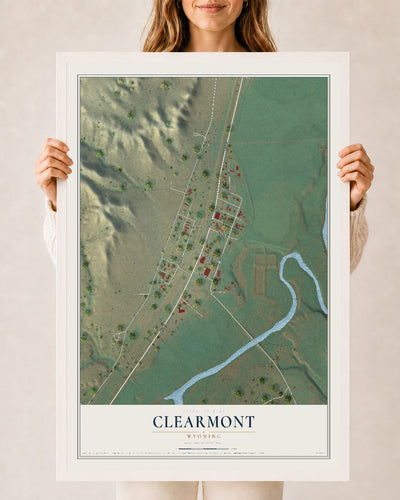 Map of Clearmont, Wyoming, 24 x 36 inch print in a white wood frame