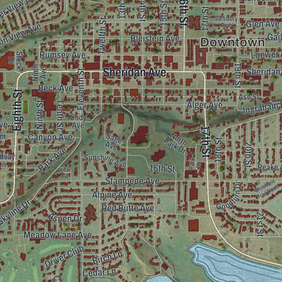 Close-up of the map of Cody, Wyoming print showing street and building detail