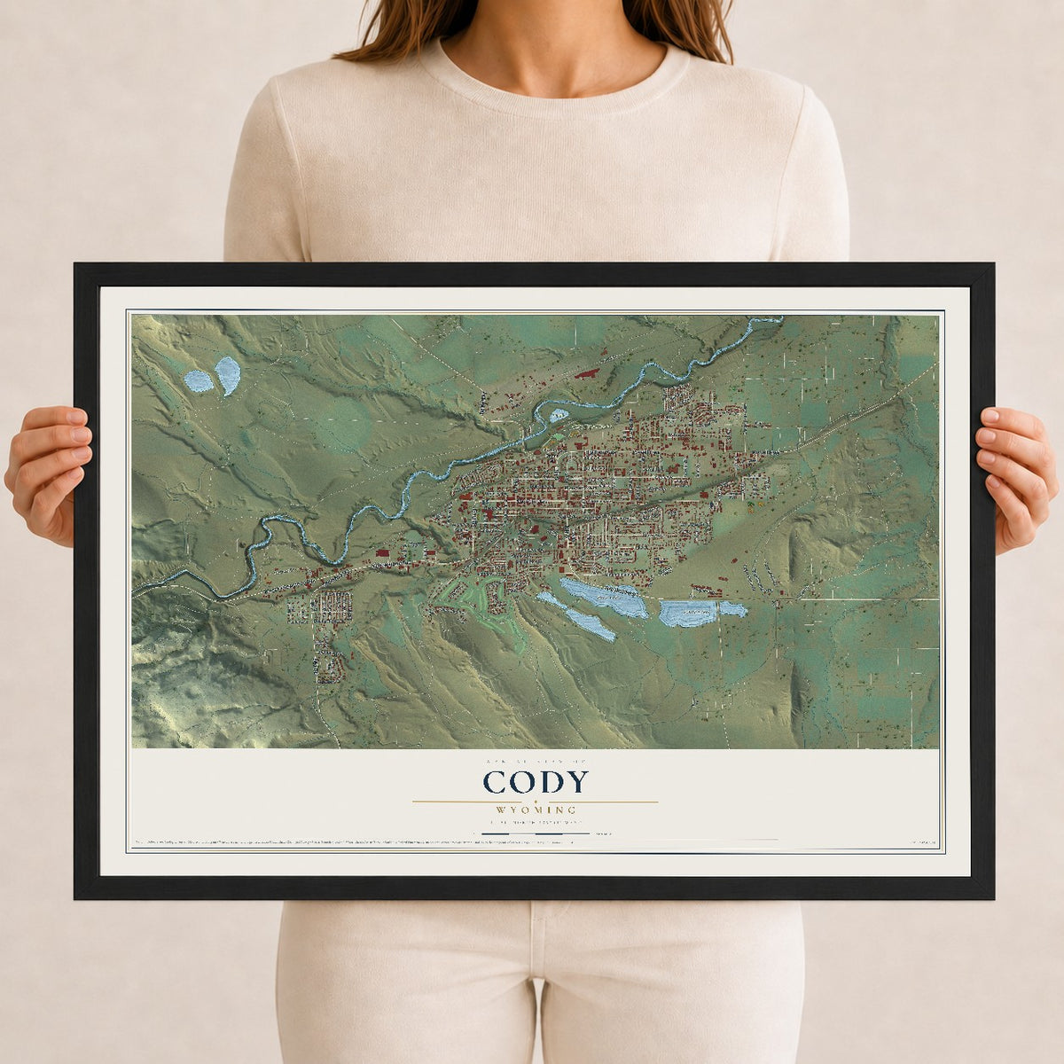 Map of Cody, Wyoming, 12 x 18 inch print in a black wood frame