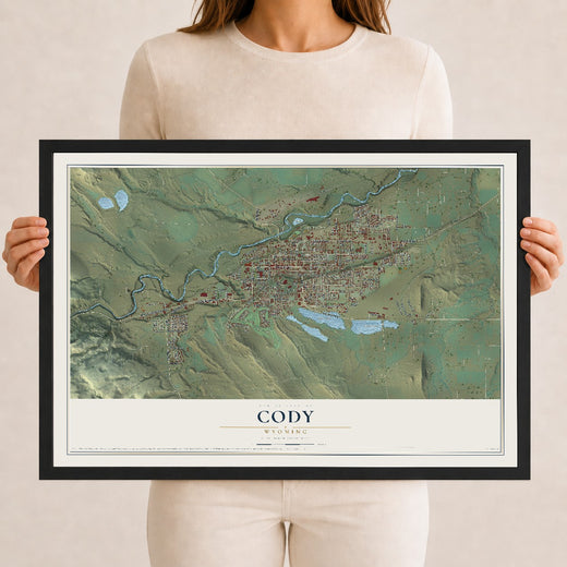 Map of Cody, Wyoming, 12 x 18 inch print in a black wood frame