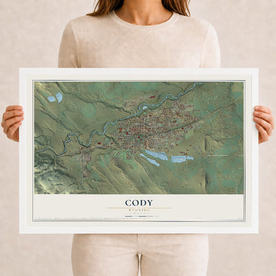 Map of Cody, Wyoming, 12 x 18 inch print in a white wood frame