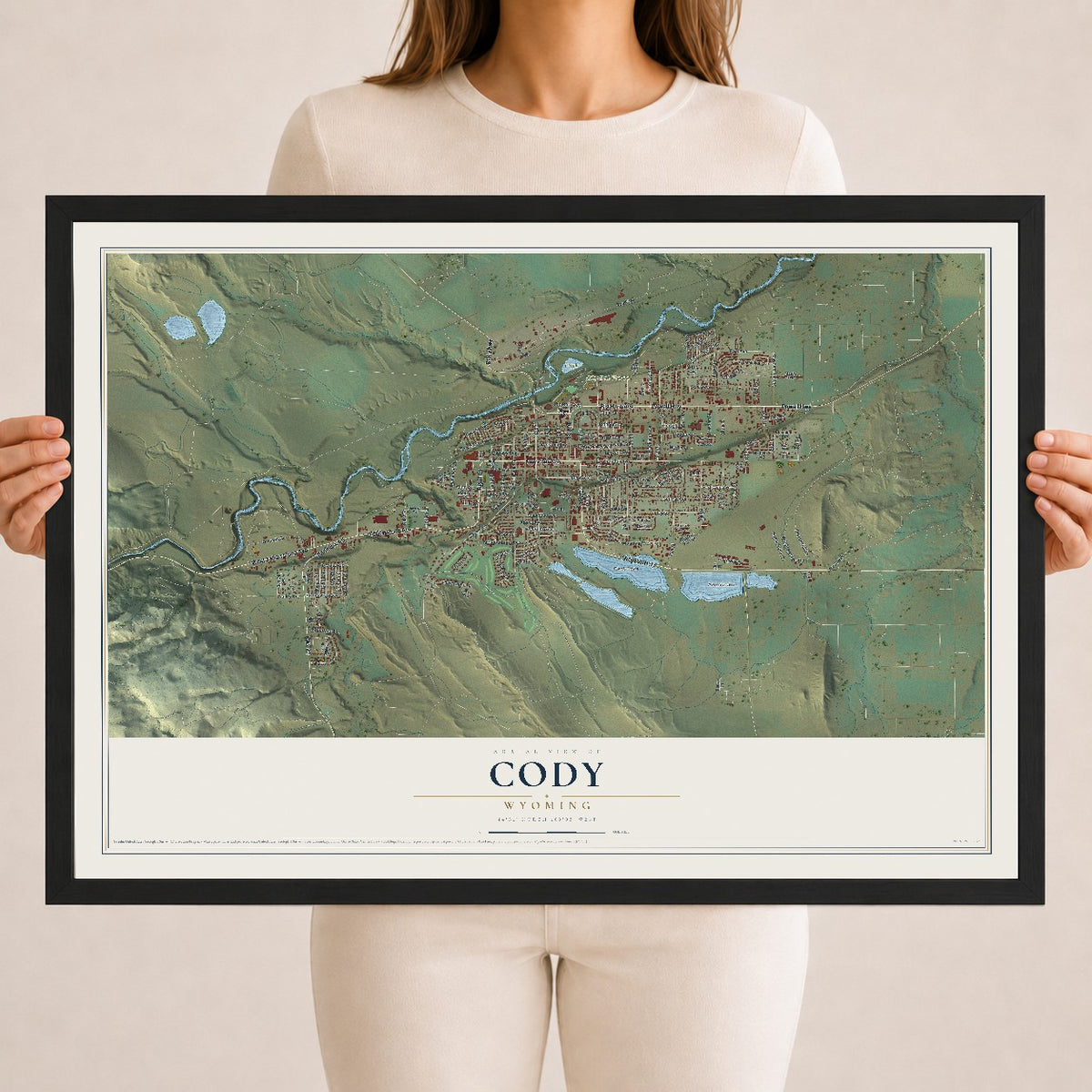Map of Cody, Wyoming, 18 x 24 inch print in a black wood frame