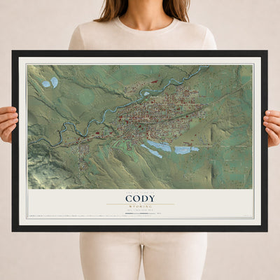 Map of Cody, Wyoming, 18 x 24 inch print in a black wood frame