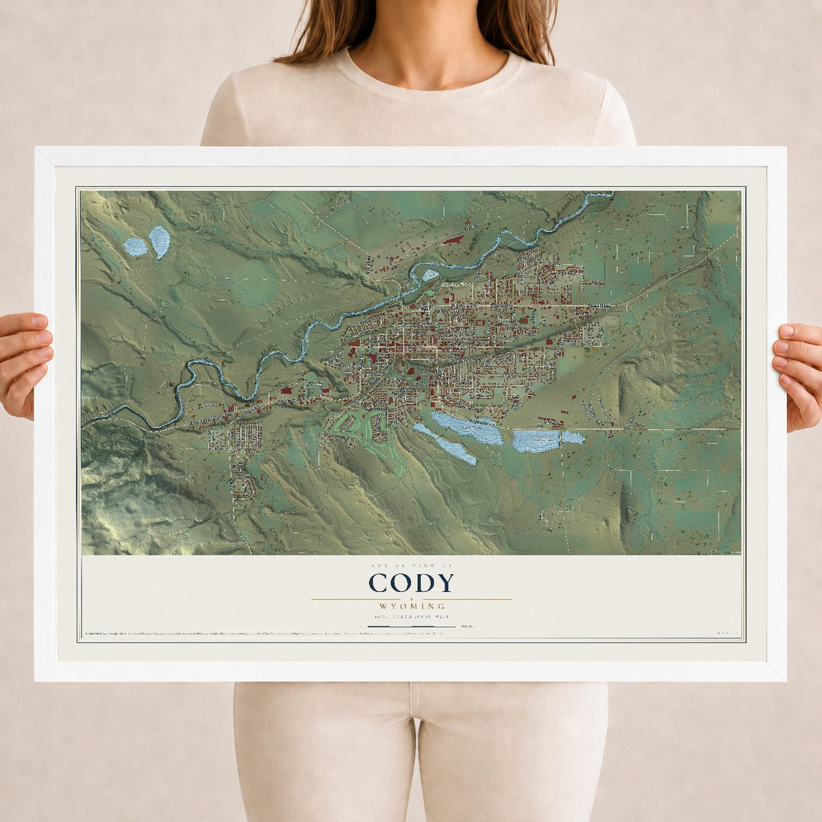 Map of Cody, Wyoming, 18 x 24 inch print in a white wood frame