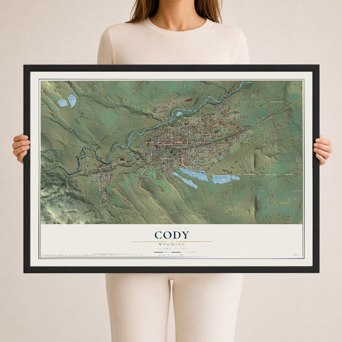Map of Cody, Wyoming, 24 x 36 inch print in a black wood frame