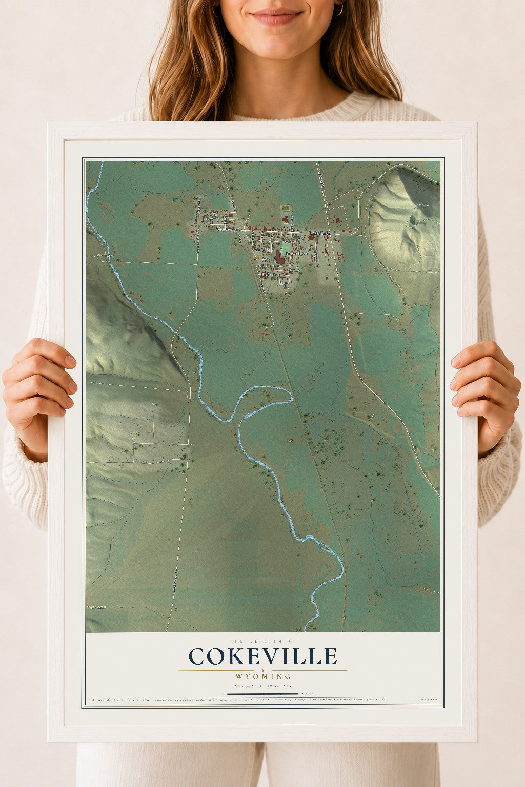 Map of Cokeville, Wyoming, 18 x 24 inch print in a white wood frame