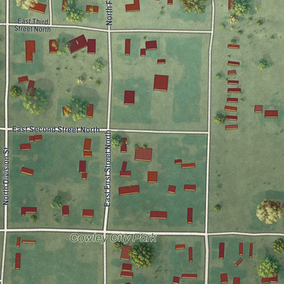 Second close-up of the map of Cowley, Wyoming print showing more streets and buildings
