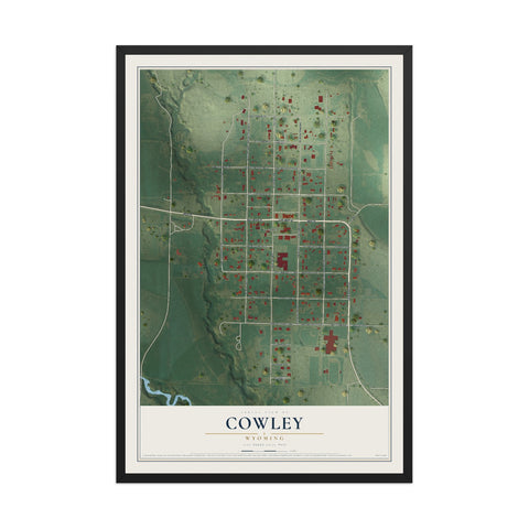 Map of Cowley, Wyoming, 12 x 18 inch print in a black wood frame