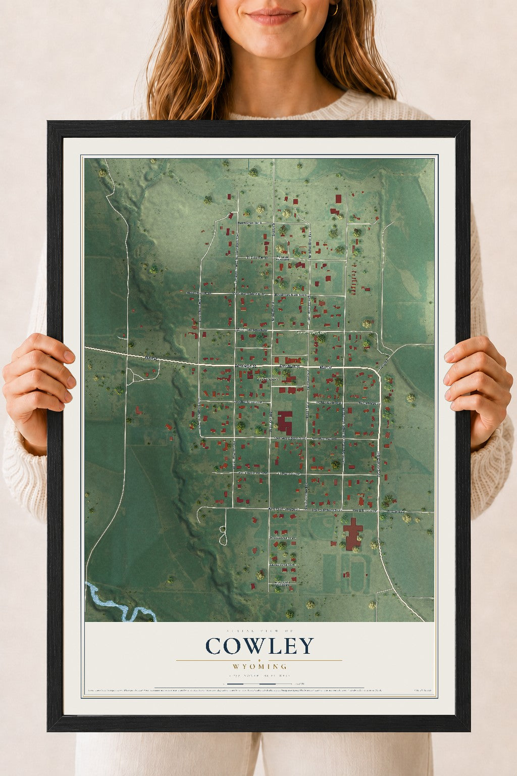 Map of Cowley, Wyoming, 18 x 24 inch print in a black wood frame