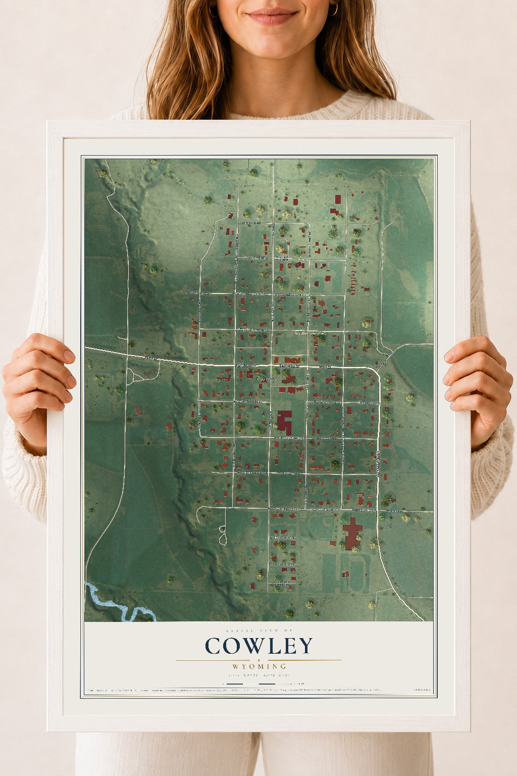 Map of Cowley, Wyoming, 18 x 24 inch print in a white wood frame