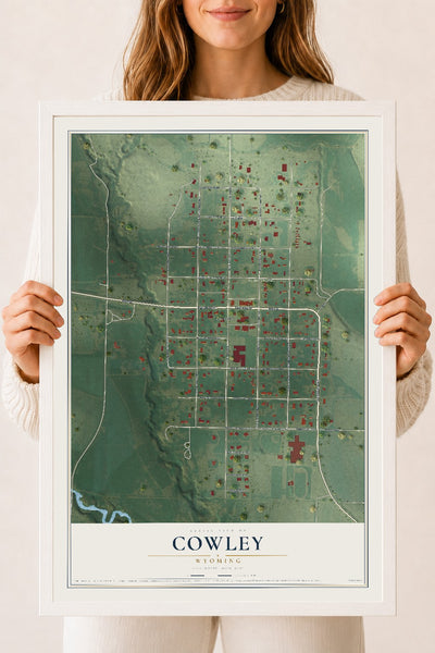 Map of Cowley, Wyoming, 18 x 24 inch print in a white wood frame