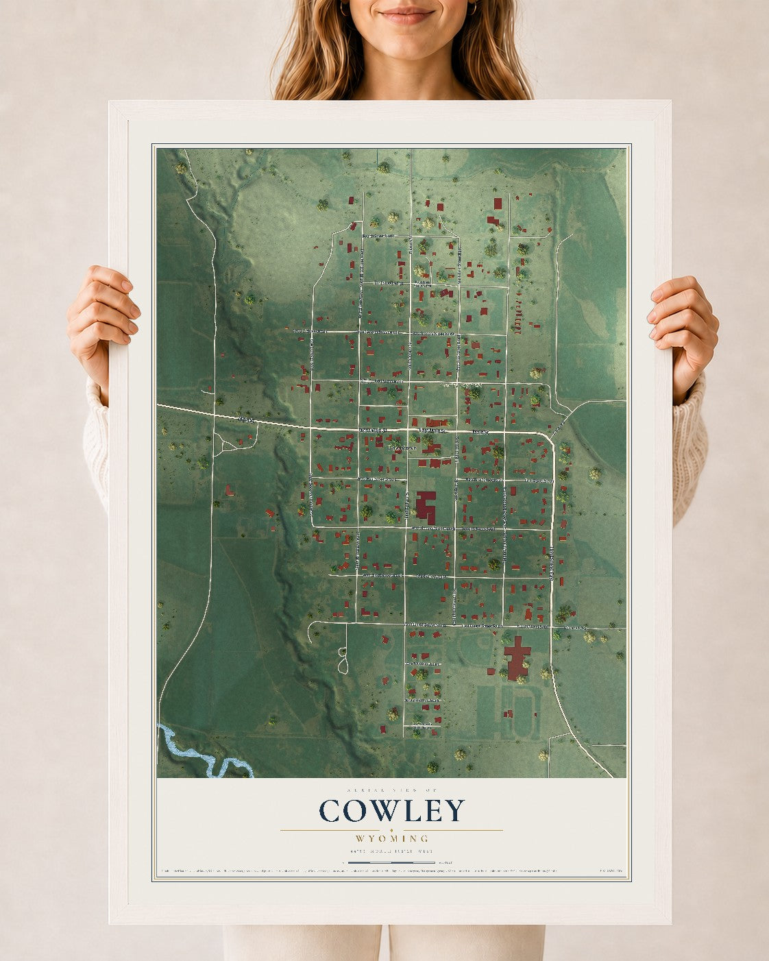 Map of Cowley, Wyoming, 24 x 36 inch print in a white wood frame