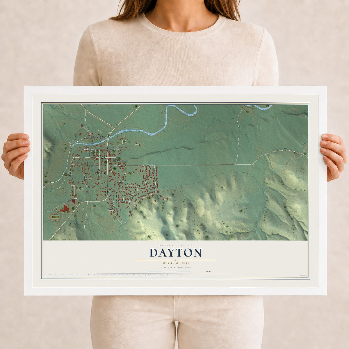 Map of Dayton, Wyoming, 12 x 18 inch print in a white wood frame