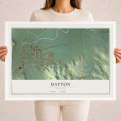 Map of Dayton, Wyoming, 18 x 24 inch print in a white wood frame