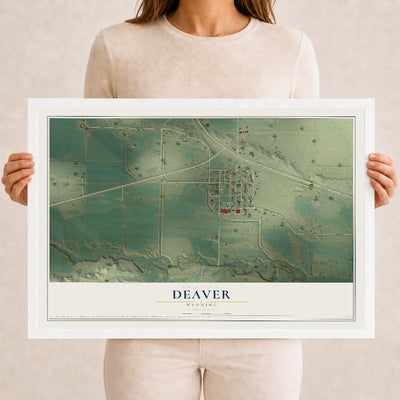 Map of Deaver, Wyoming, 12 x 18 inch print in a white wood frame