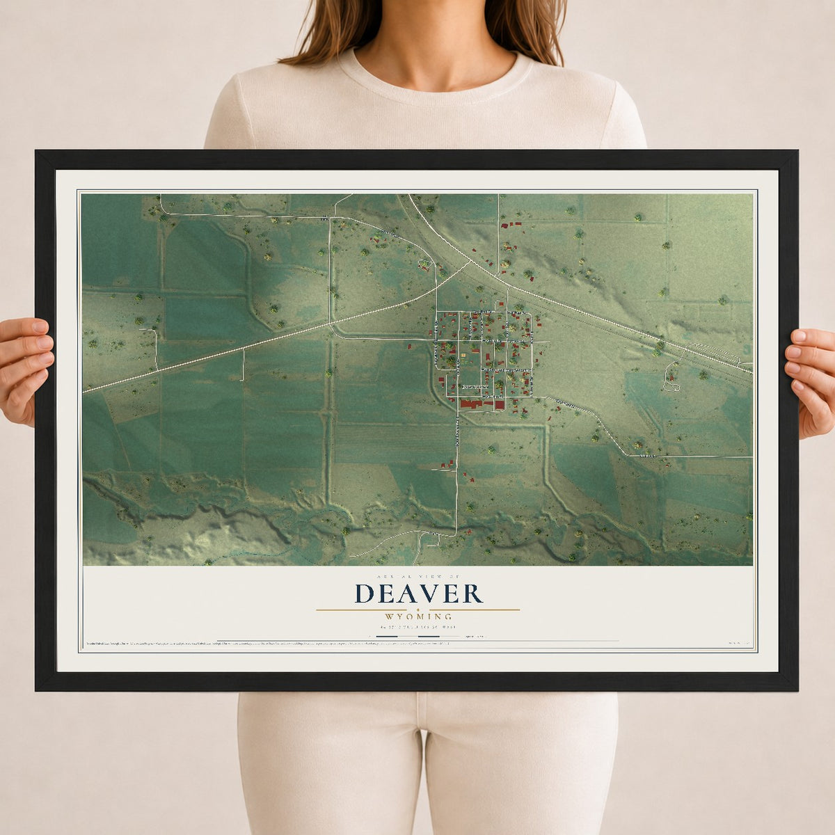 Map of Deaver, Wyoming, 18 x 24 inch print in a black wood frame