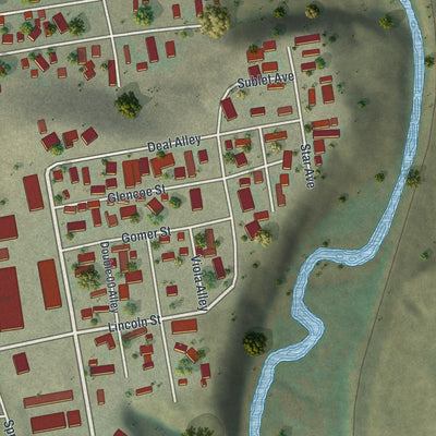Second close-up of the map of Diamondville, Wyoming print showing more streets and buildings