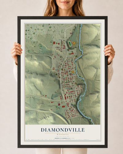 Map of Diamondville, Wyoming, 24 x 36 inch print in a black wood frame