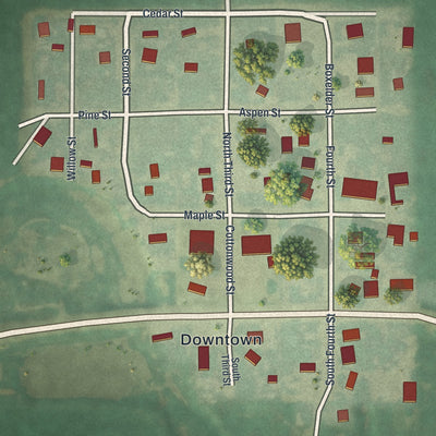 Close-up of the map of Dixon, Wyoming print showing street and building detail