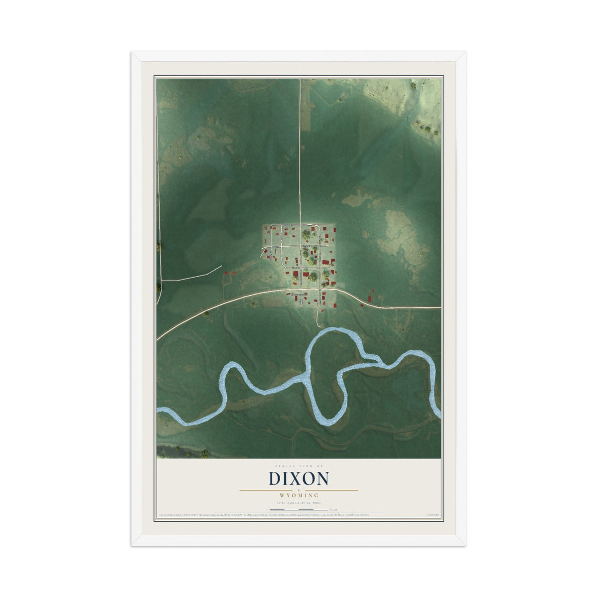 Map of Dixon, Wyoming, 12 x 18 inch print in a white wood frame