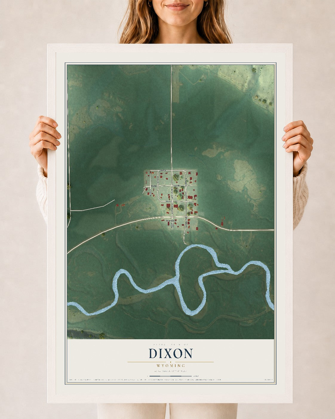 Map of Dixon, Wyoming, 24 x 36 inch print in a white wood frame