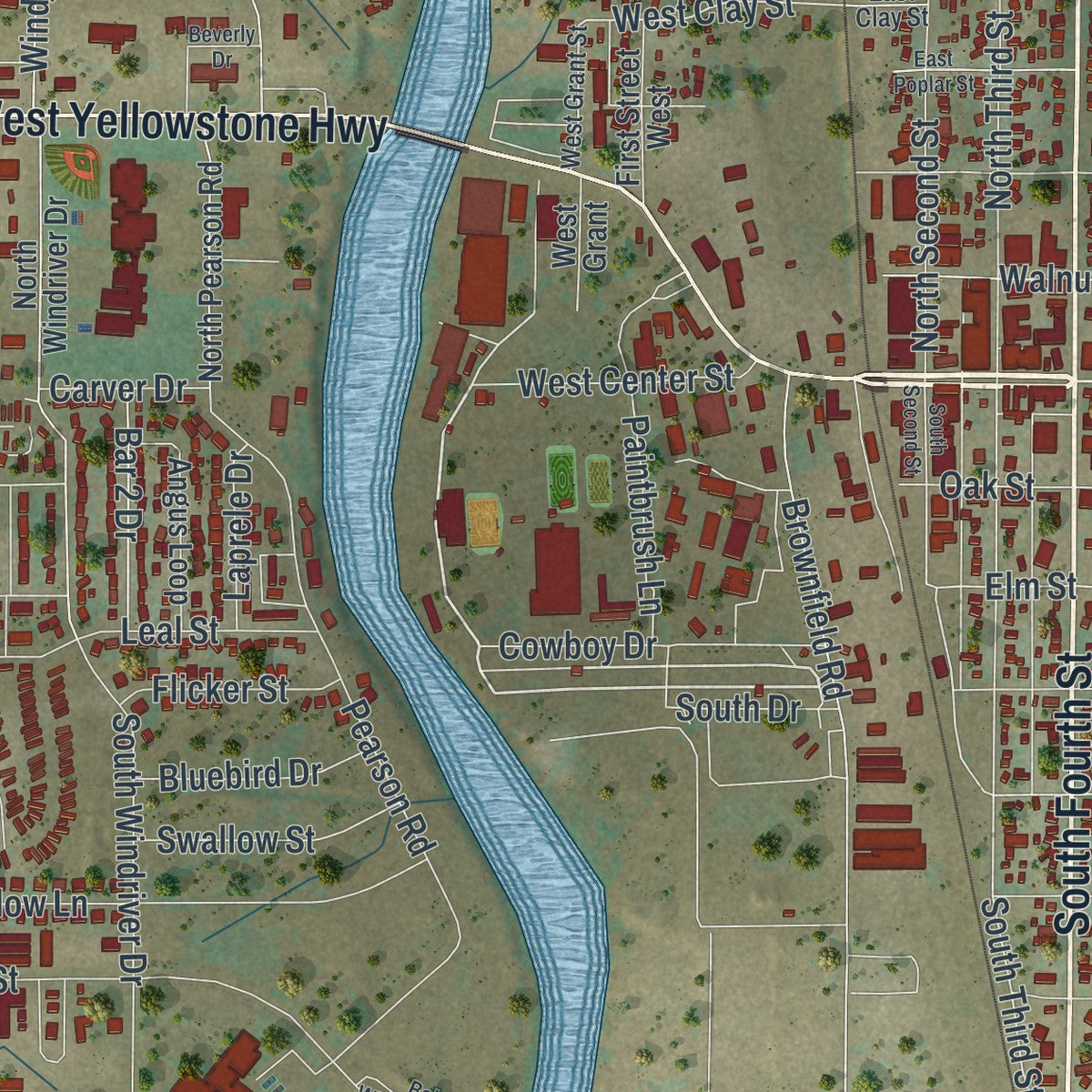 Close-up of the map of Douglas, Wyoming print showing street and building detail