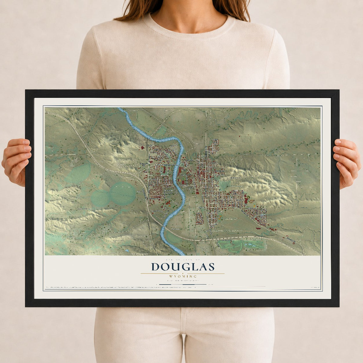 Map of Douglas, Wyoming, 12 x 18 inch print in a black wood frame