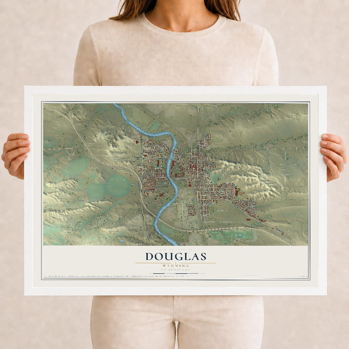 Map of Douglas, Wyoming, 12 x 18 inch print in a white wood frame