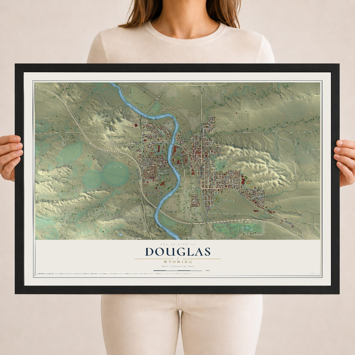 Map of Douglas, Wyoming, 18 x 24 inch print in a black wood frame