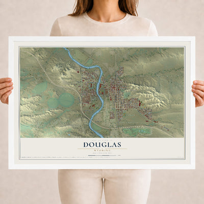 Map of Douglas, Wyoming, 18 x 24 inch print in a white wood frame