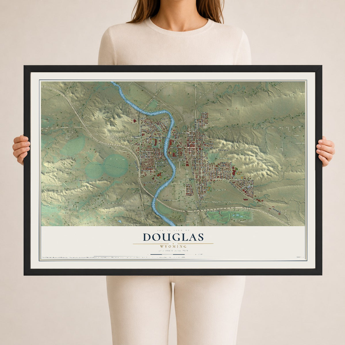 Map of Douglas, Wyoming, 24 x 36 inch print in a black wood frame