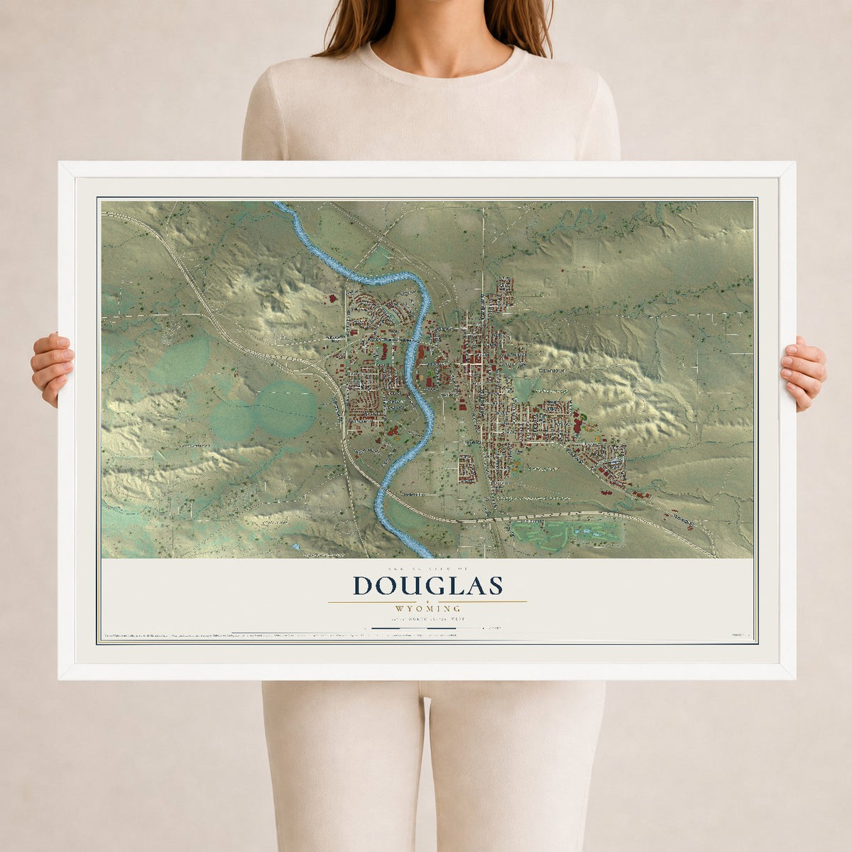 Map of Douglas, Wyoming, 24 x 36 inch print in a white wood frame