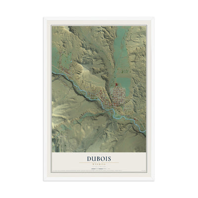 Map of Dubois, Wyoming, 12 x 18 inch print in a white wood frame