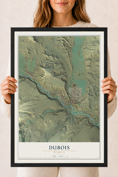 Map of Dubois, Wyoming, 18 x 24 inch print in a black wood frame