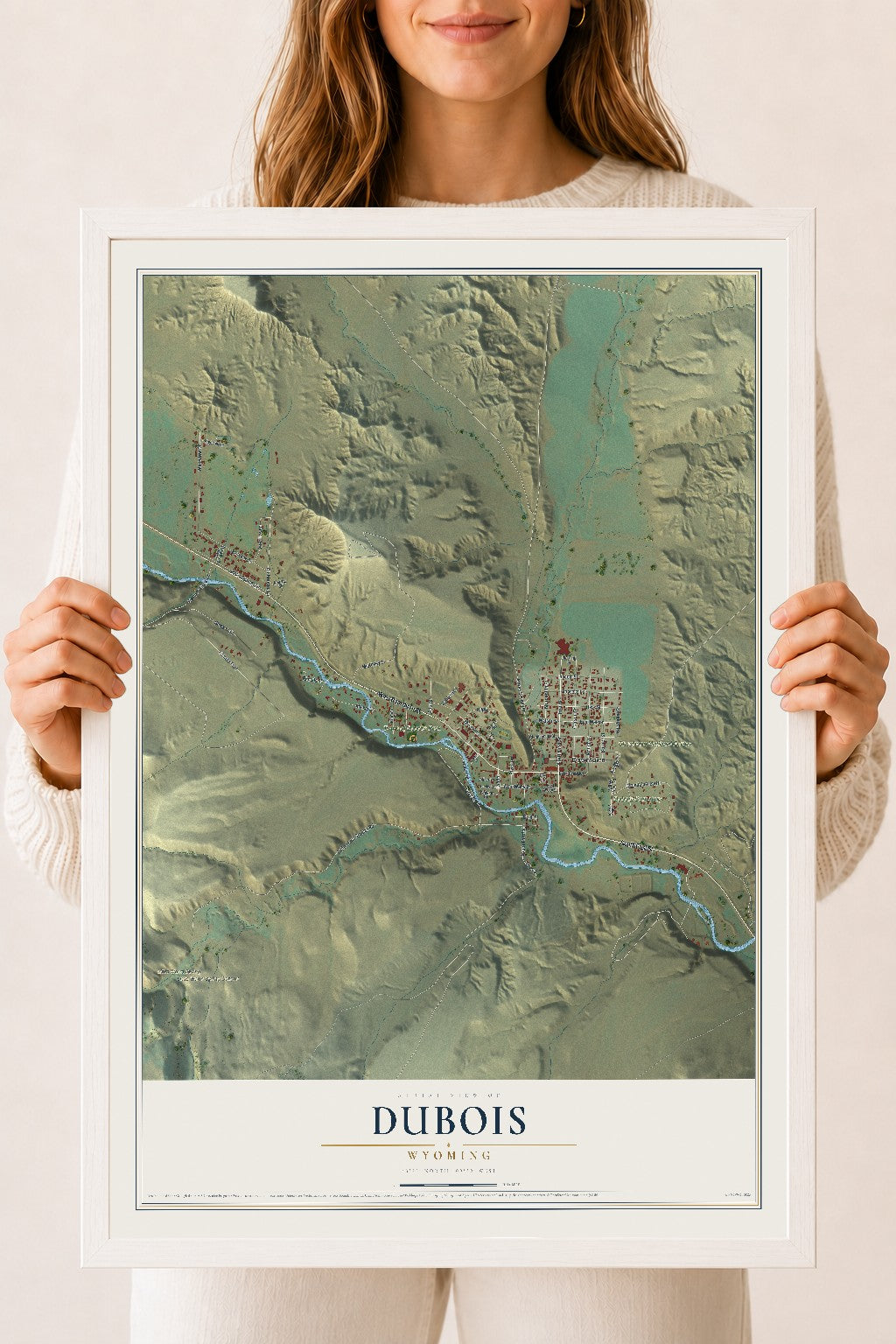 Map of Dubois, Wyoming, 18 x 24 inch print in a white wood frame