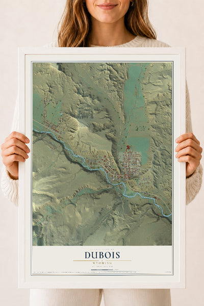 Map of Dubois, Wyoming, 18 x 24 inch print in a white wood frame