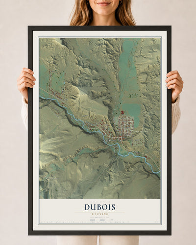 Map of Dubois, Wyoming, 24 x 36 inch print in a black wood frame