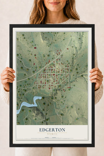 Map of Edgerton, Wyoming, 18 x 24 inch print in a black wood frame