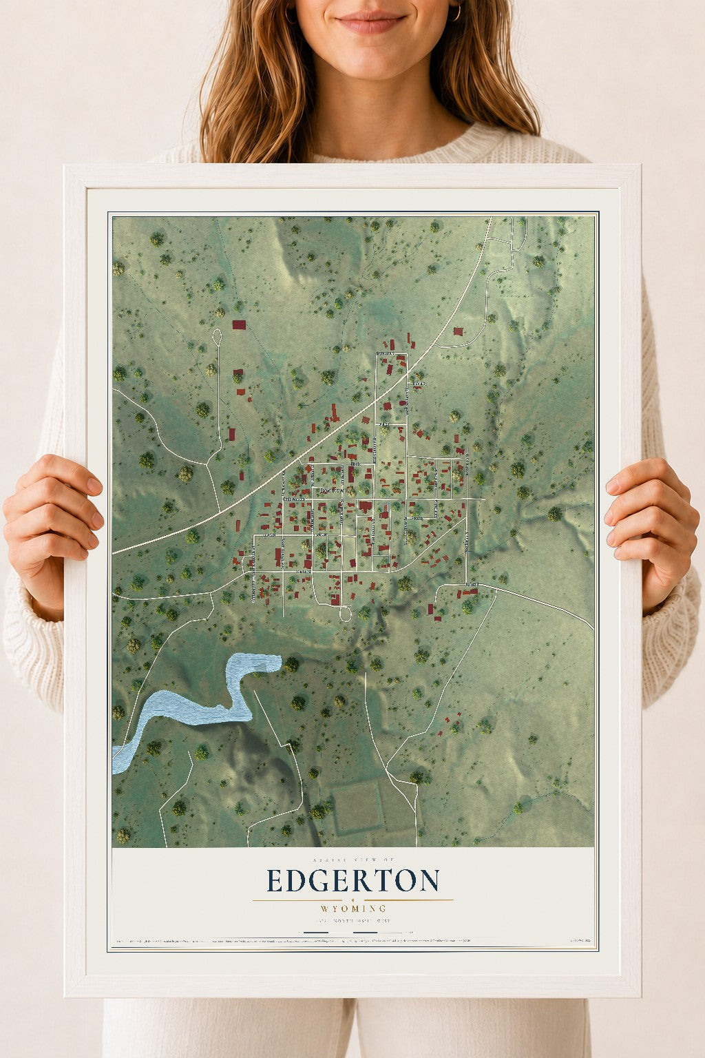 Map of Edgerton, Wyoming, 18 x 24 inch print in a white wood frame
