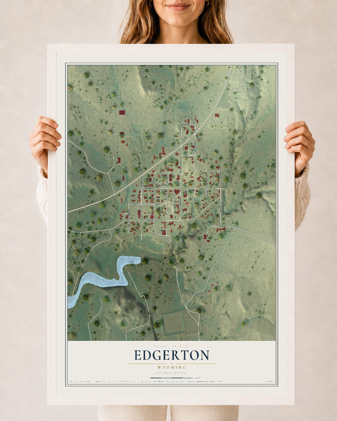 Map of Edgerton, Wyoming, 24 x 36 inch print in a white wood frame