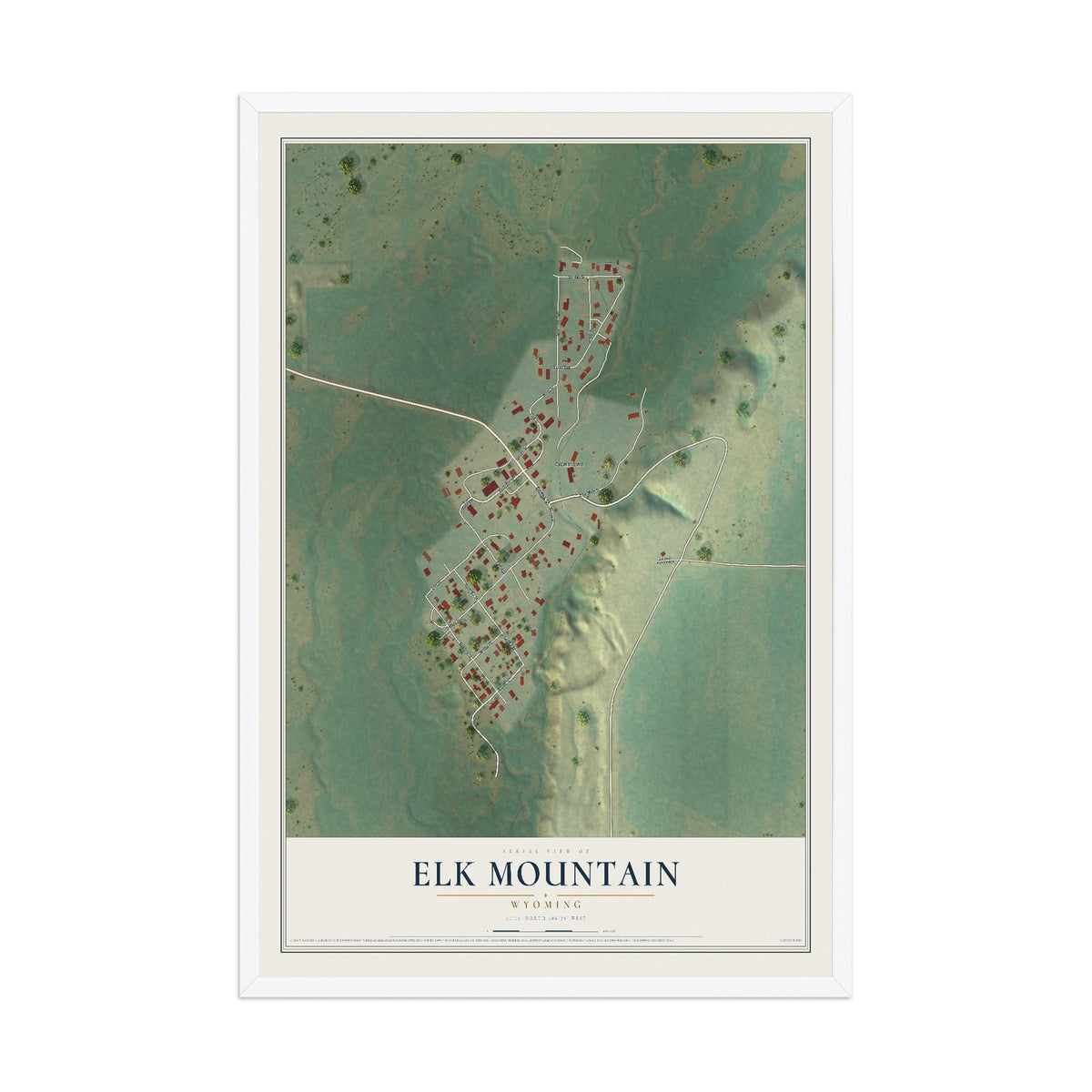 Map of Elk Mountain, Wyoming, 12 x 18 inch print in a white wood frame