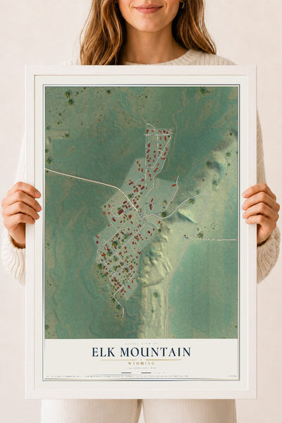 Map of Elk Mountain, Wyoming, 18 x 24 inch print in a white wood frame