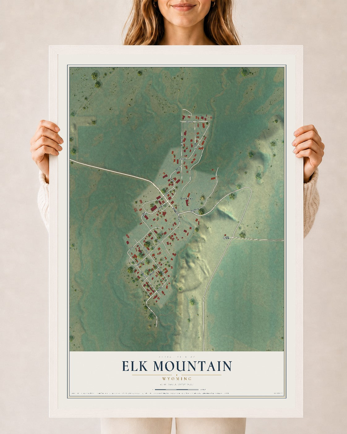 Map of Elk Mountain, Wyoming, 24 x 36 inch print in a white wood frame