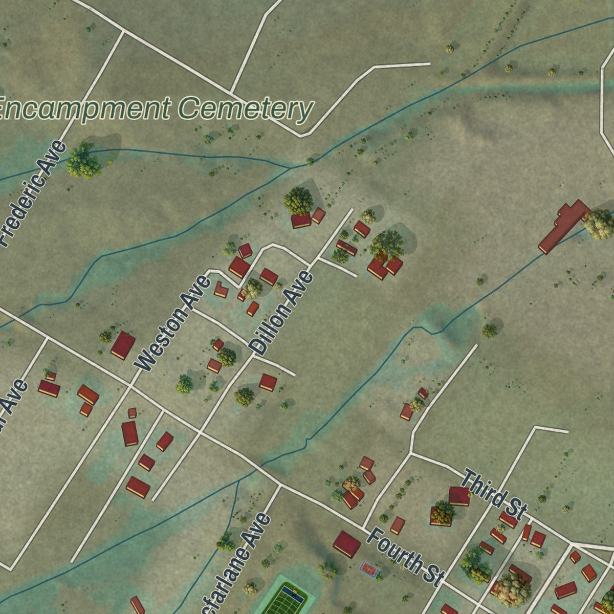 Second close-up of the map of Encampment, Wyoming print showing more streets and buildings