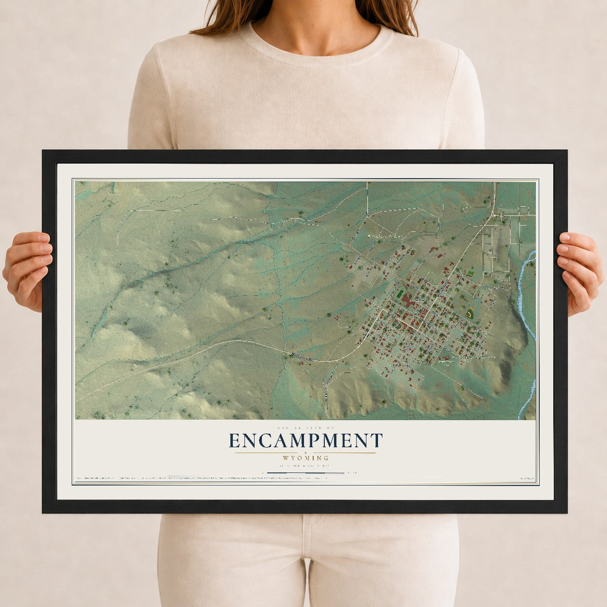 Map of Encampment, Wyoming, 12 x 18 inch print in a black wood frame