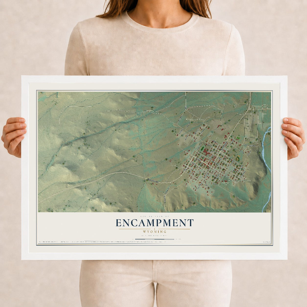 Map of Encampment, Wyoming, 12 x 18 inch print in a white wood frame