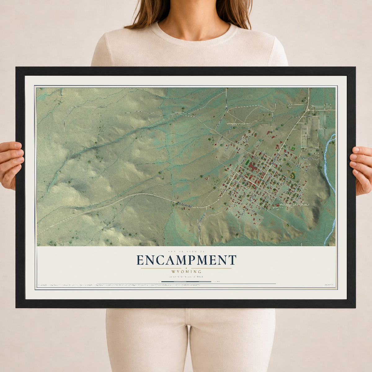 Map of Encampment, Wyoming, 18 x 24 inch print in a black wood frame
