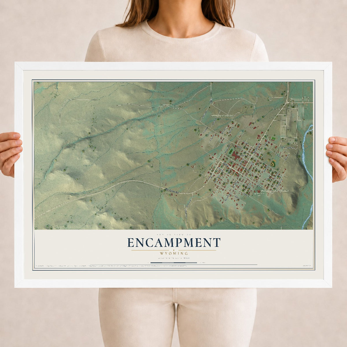 Map of Encampment, Wyoming, 18 x 24 inch print in a white wood frame